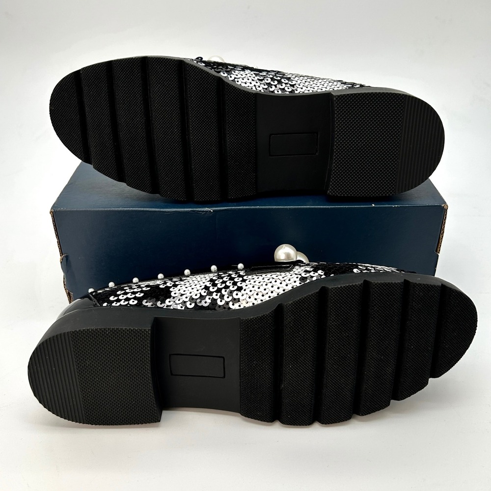 Embellished Womens Loafers Betsey Johnson Harloe Sz 7.5 Black White Sequins NEW - Picture 5 of 6